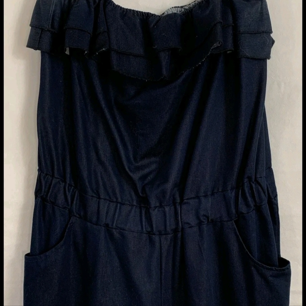 Ashley Stewart Plus Sz 26 Blue Denim Strapless Jumpsuit Ruffle Elastic Waist Pkt